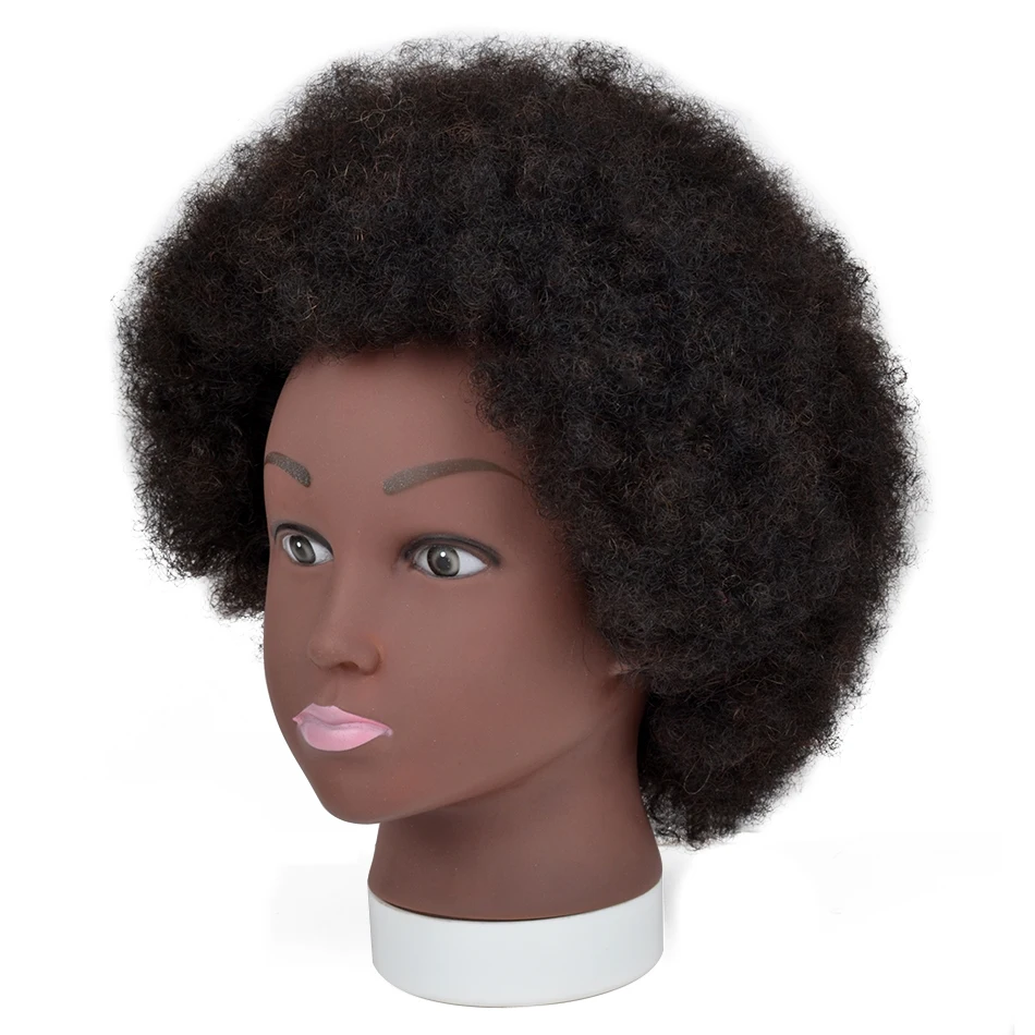 Африканская голова манекена со 100% человеческими волосами, вьющиеся волосы, красивая голова манекена с подставкой для практики плетения волос