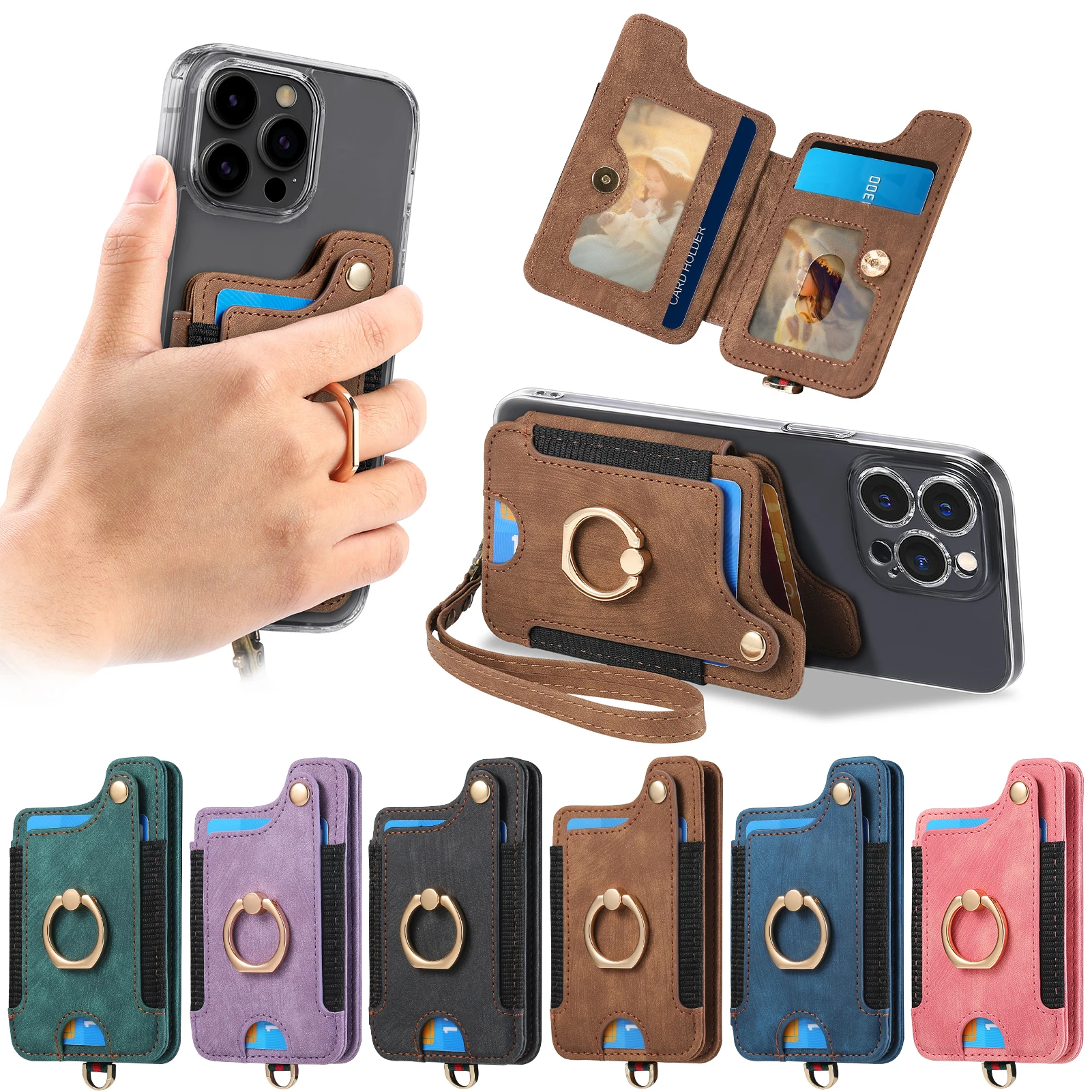 

Чехол для телефона с кольцом-держателем для карт, из искусственной кожи, с клейкой основой, портативный кошелек для телефона с ремешком на запястье и шнурком.