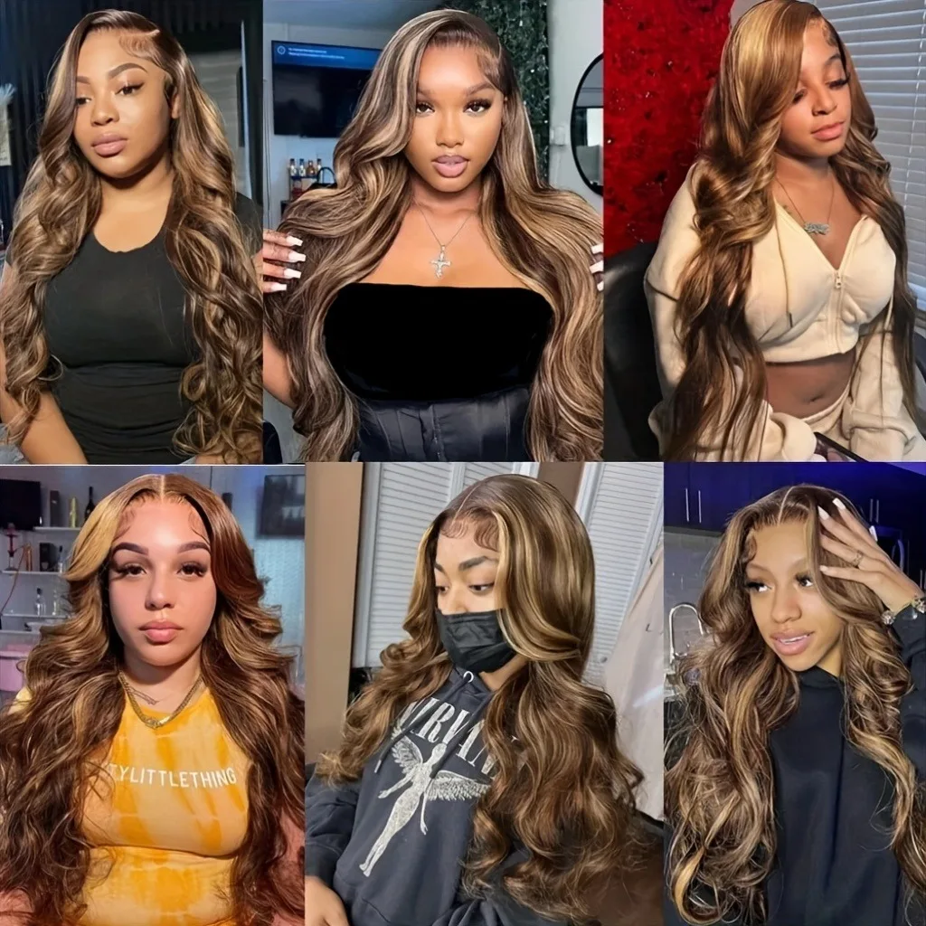 Peruki typu ombre z koronką z przodu, wykonane z ludzkich włosów, wstępnie wyregulowane, 13x4, falowane, z koronką HD, kolor 4/27, miodowy blond dla kobiet.