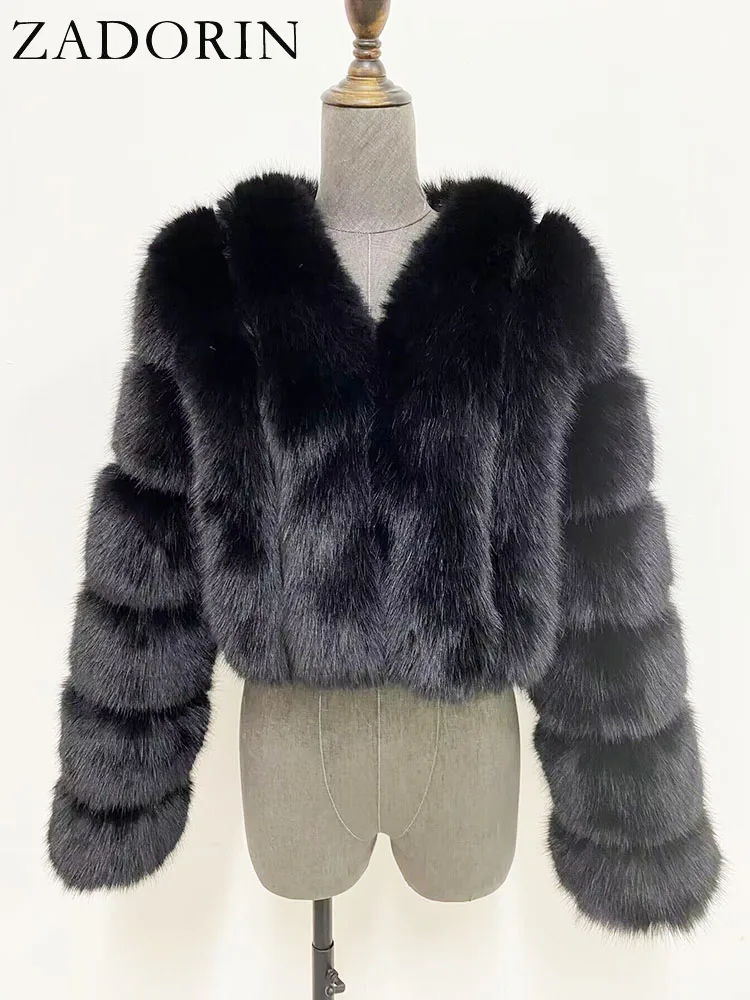 

ZADORIN 2024 Winter Luxury Cropped White Faux Fox Fur Coat Women V Neck Long Sleeve Fluffy Warm Faux Fur Jacket Women Fur Coats