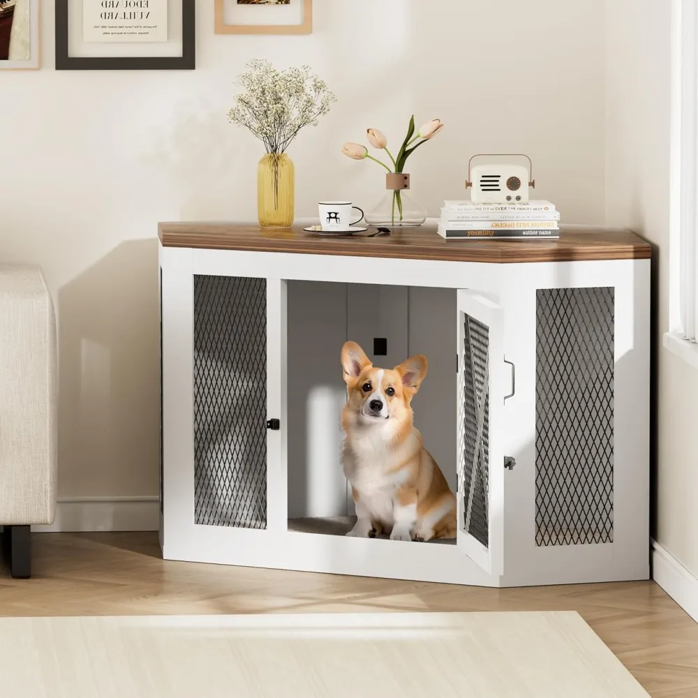 

Corner Dog Crate Furniture, Wooden Dog Kennel End Table with Mesh, Cage/House for Small Medium Large Dog, Decorative Pet Crate