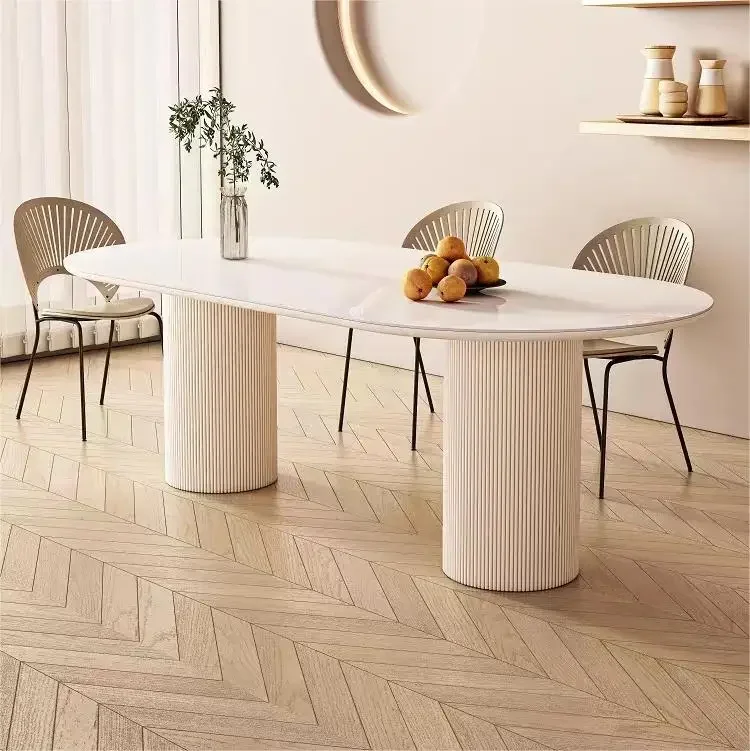 Light luxury Cream series style solid wood table leg rock plate desktop modern family living room dining table