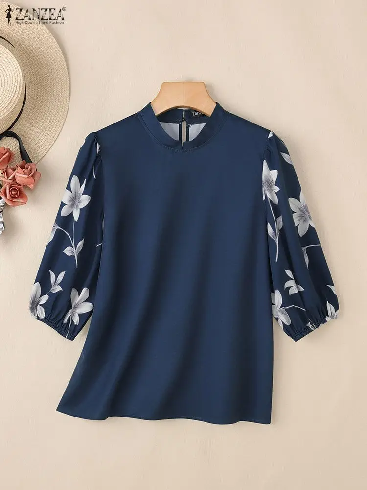ZANZEA Blus Wanita Elegan Atasan Kasual Lengan Setengah Lentera Motif Bunga Kerah Berdiri Mode Pakaian Wanita Musim Semi 2025 S-3XL