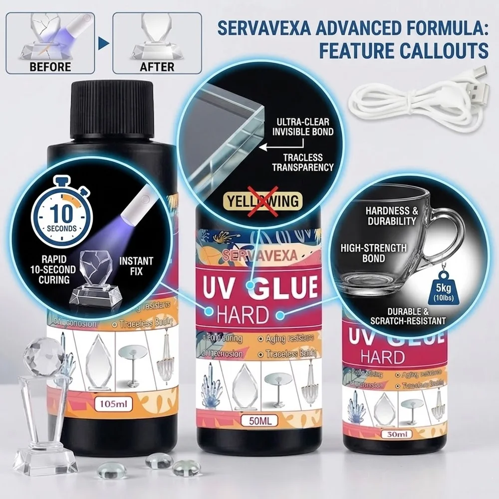 Rapid Curing UV Glue Hard SERVAVEXA Traceless Clear Resin Adhesive with UV Light Kit for Crystal Glass DIY Jewelry Making Crafts