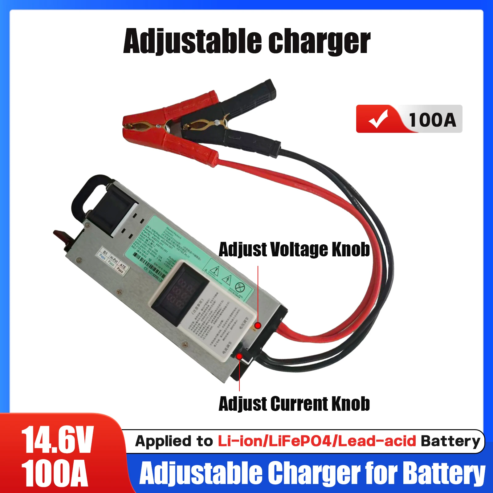 

3-15V 100A 12V Car Battery Charger 60A85A Adjustable Supports LiFePO4 14.6V Lithium 12.6V with Fast Charge Display