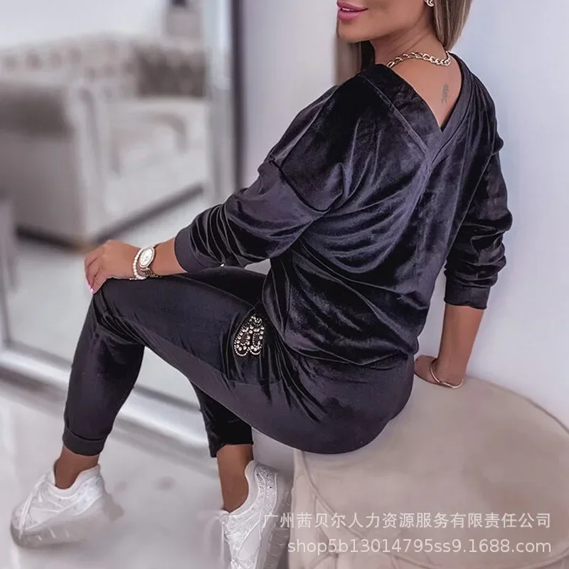 Elegant Women Velvet Two Piece Set Homewear Tracksuit Long Sleeve V Neck Shirt Top Skinny Pants Pajamas Suit Loungewear Outfits