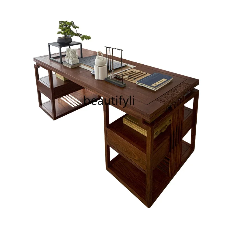

Customized New Chinese Desk Zen Solid Wood Carved Calligraphy Desk Home Office Boss Desk Computer Table and Chair Combination