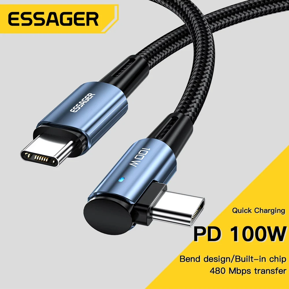 Essager-Cable USB tipo C de 100W, Conector de datos de carga rápida con ángulo de 90 grados para iPad, MacBook Pro, Xiaomi, Samsung y Huawei