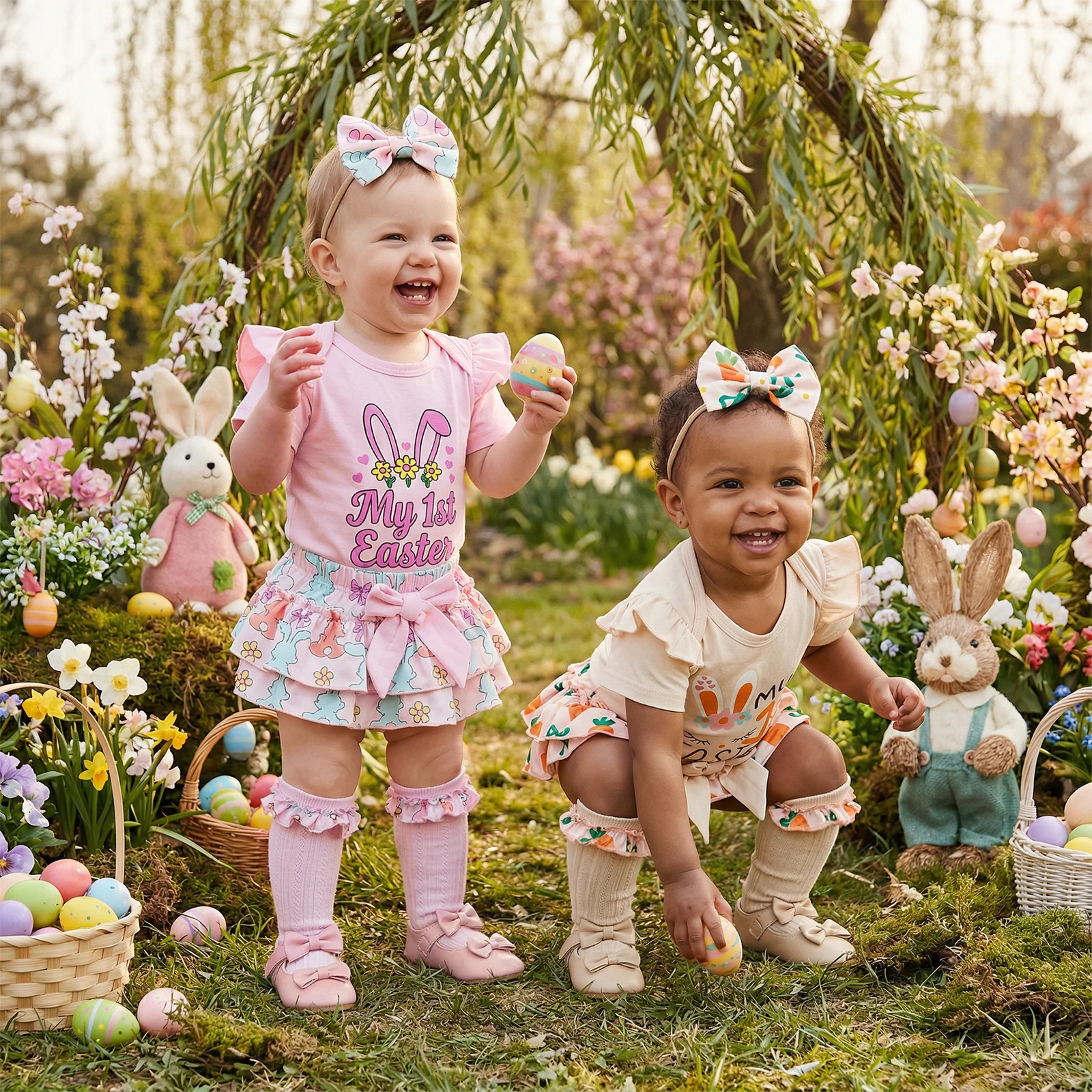 

Baby Girl Easter Outfit, Short Sleeve Letters Romper with Carrot/Bunny Shorts Bow Headband Socks