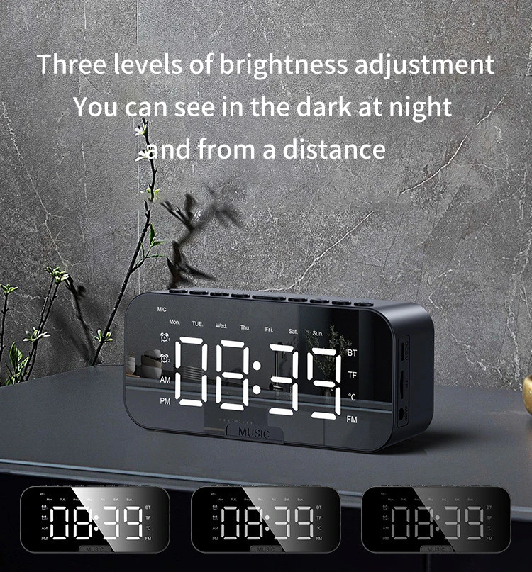 Bluetooth Speaker with Large LED Mirror Screen Digital Alarm Clock with FM Radio Phone Holder Temperature for Bedroom Office