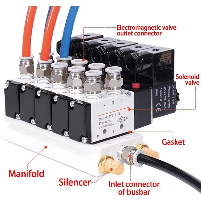 Pneumatisches Magnetventil DC12/24 V AC110/220 V, Multi-Option, 4V310-10-Serie mit Schalldämpfer-Anschluss, Basisverteiler, 2/3/4/6/7/8/10 Wege – Detail 3