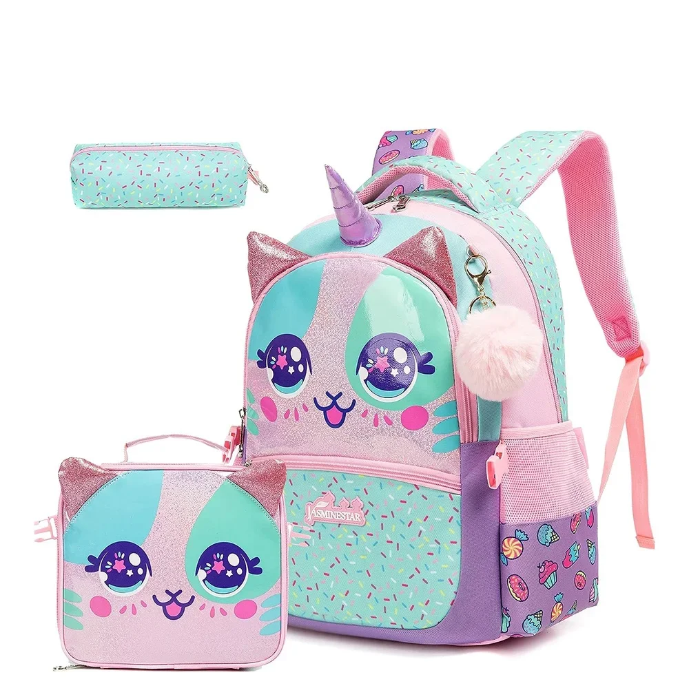 

Cute Unicorn Cat Backpack 3Pcs Set, Glitter Cartoon Bag Combo with Lunch Tote & Pencil Case