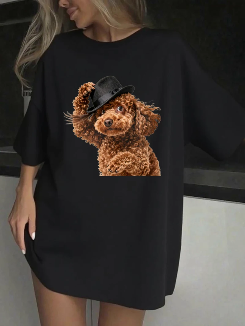 المرأة قصيرة الأكمام تي شيرت تيدي بير على شكل قبعة الحيوانات الأليفة مع طباعة جولة الرقبة فضفاضة تناسب زوجين نمط الصيف الملابس النسائية #2