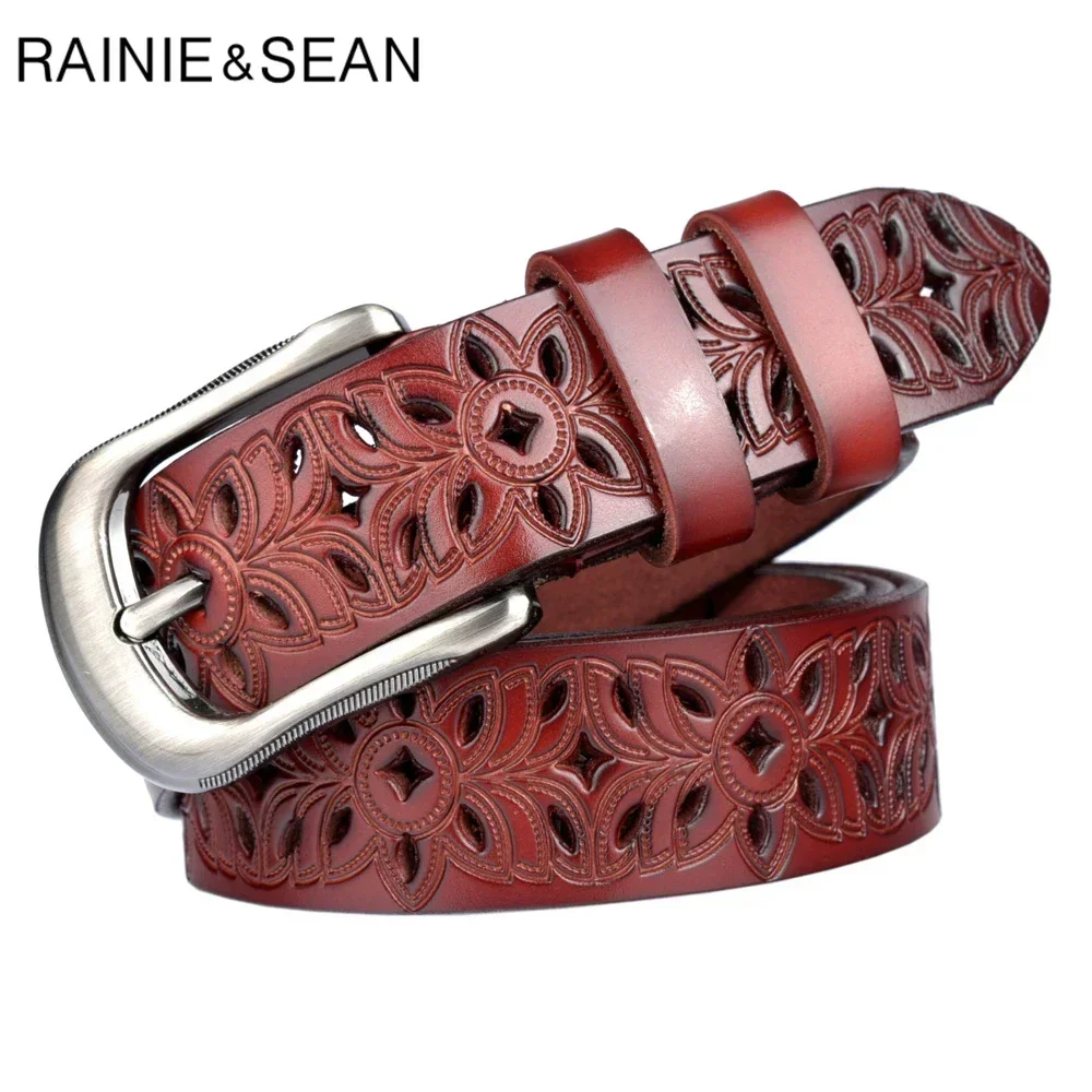 

RAINIE SEAN Burgundy Women Belt Genuine Leather Cowskin Jeans Belt Cowhide Emnossed Vintage Ladies Pin Buckle Belt Hollow Out