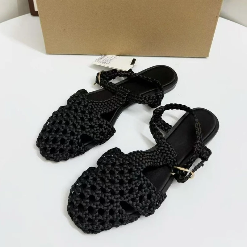 Women's Crochet Design Flat Sandals Square Toe Hollow Out Woven T-Strap Sandals Buckle Ankle Strap Casual Summer Mesh Shoes view 3