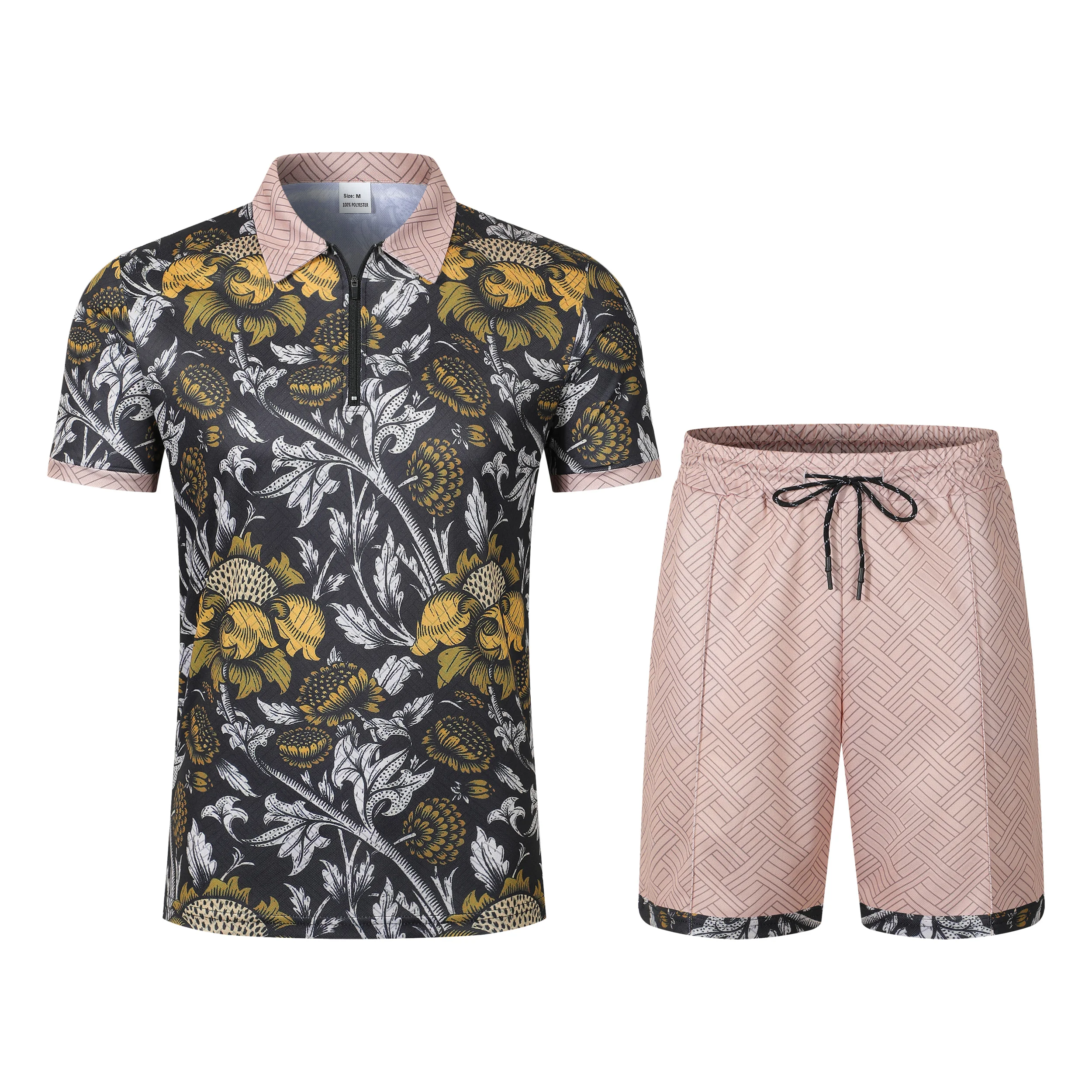 Men Floral Print 2 Piece Set, Quarter Zip Short Sleeve Polo Shirt with Drawstring Shorts, Summer Beach Casual Matching Outfit