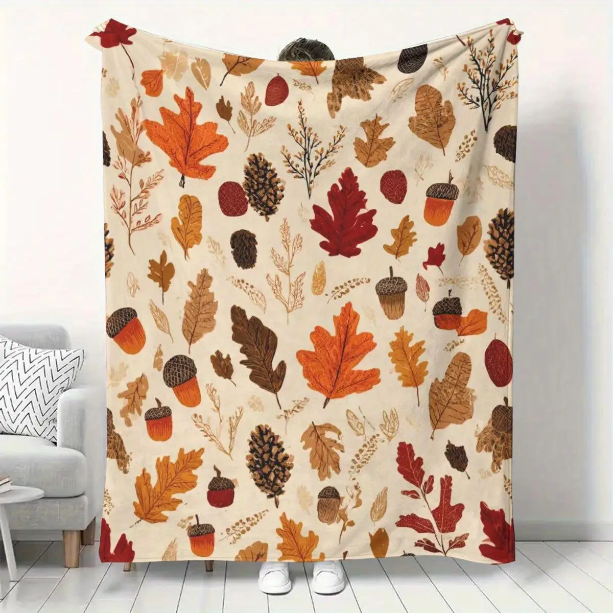 1pc Maple leaf and mushroom pattern blanket, polyester fabric, machine washable, suitable for bedroom and living room decoration