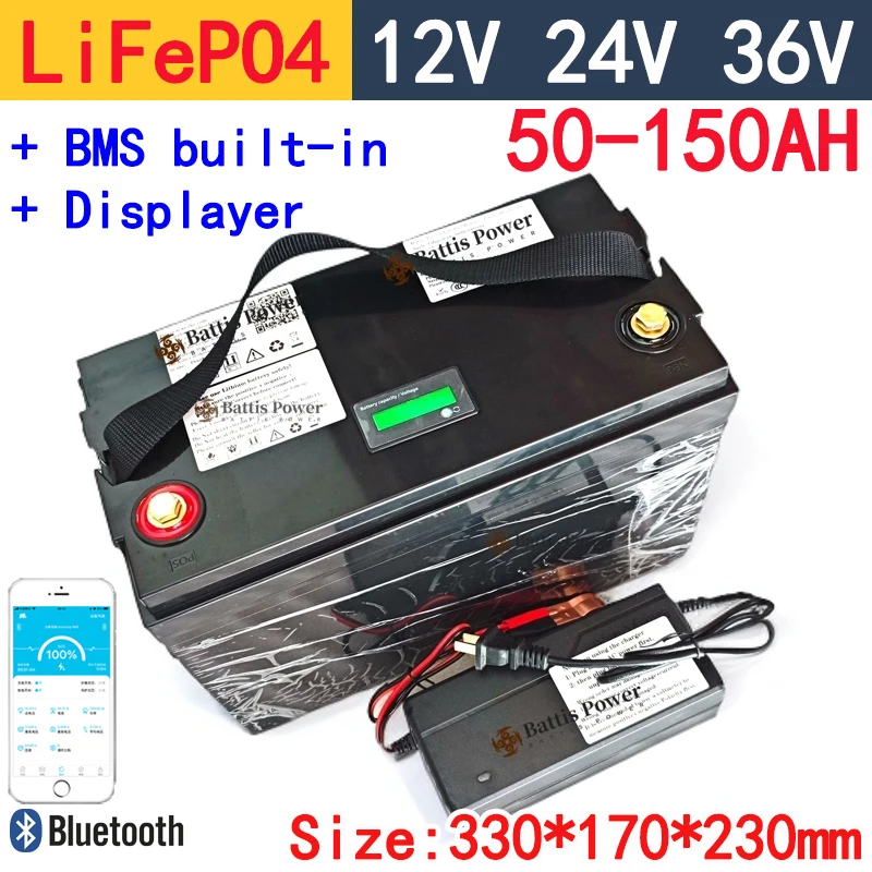 12V 100AH 120Ah 150Ah 24V 36V 40Ah 50AH 60Ah 80Ah lifepo4 lithium battery deep cycle batteries bluetooth BMS with charger