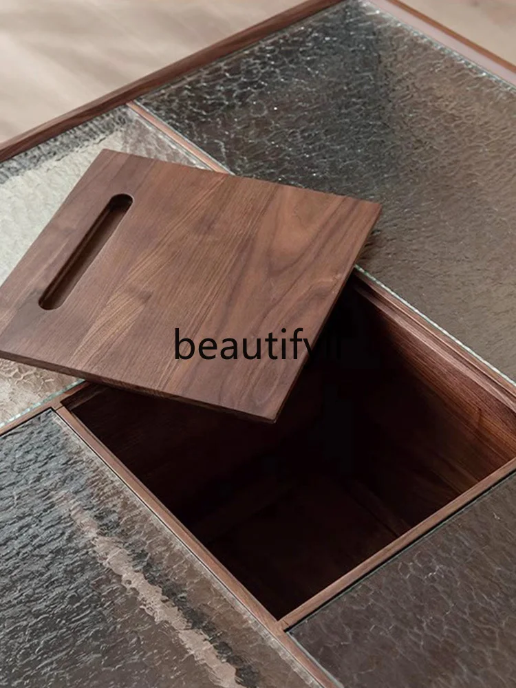 Tavolino da caffè in legno massello di noce nera nordica, superficie in vetro, semplicità moderna, tavolino da caffè per uso domestico con cassetti