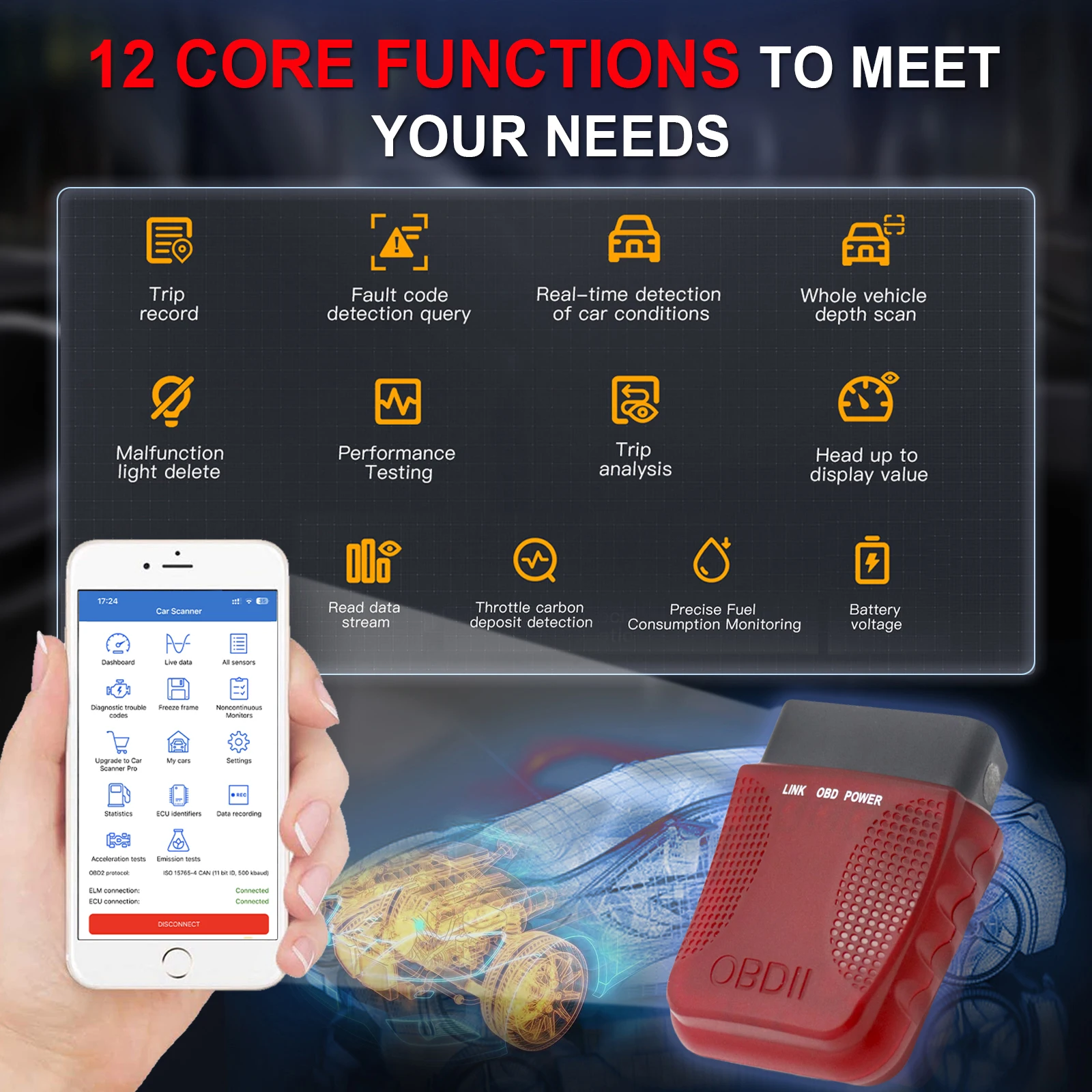 Red FA40 Diagnostic Tool OBD2 Code Reader Compatible with iOS and Android Auto Code Scanner for Cars Since 1996