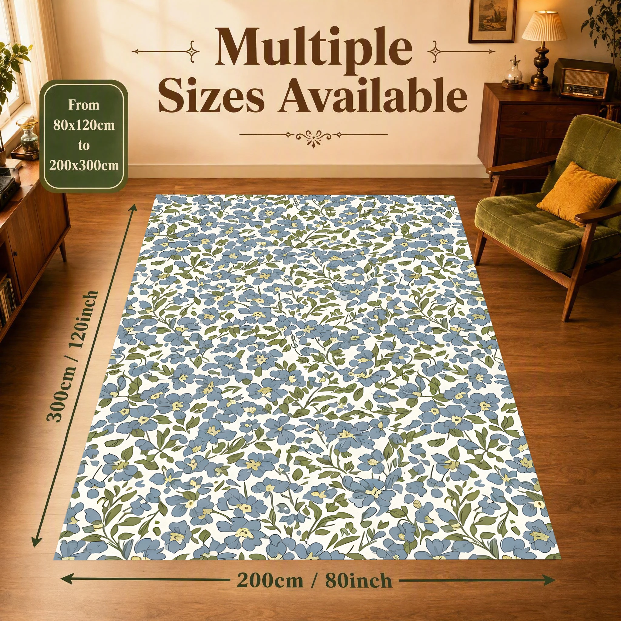 2D Carpet with Light Blue Small Floral Pattern Throughout in a Gentle French Style for Living Room, Bedroom, and Leisure Area
