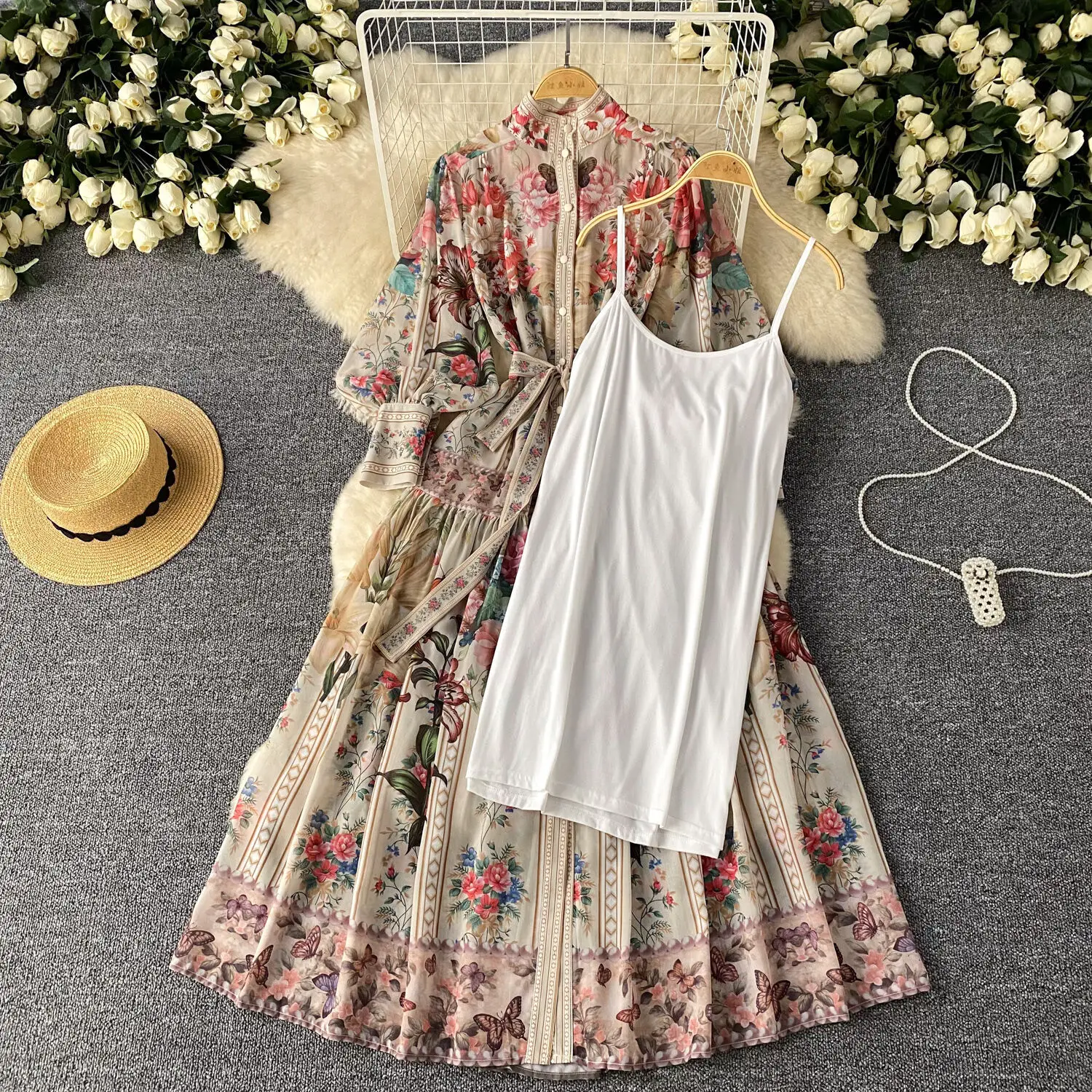 Summer Autumn Floral Print Maxi Dress Shirt Women Long Sleeve Single Breasted A Line Palace Design Loose Printing Party Vestidos