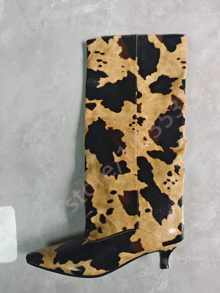 Cow Print Knee High Boots Women Pointed Toe Low Kitten Heel Slip On Glossy Leopard Pattern Wide Calf Tall Fashion Western Boots