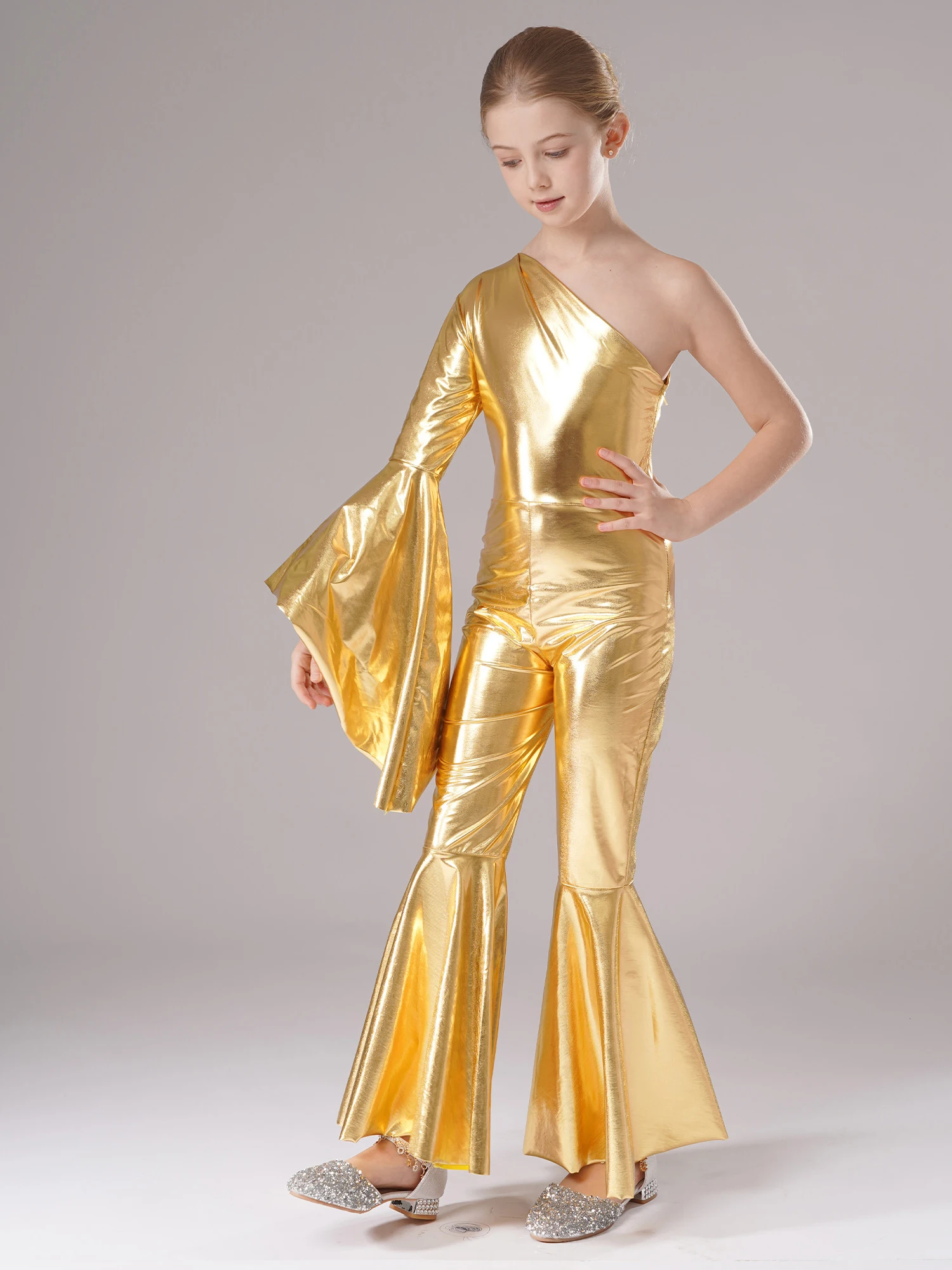 Meninas ginástica unitard ballet jazz dança desempenho trajes metálico brilhante um ombro pageant playsuit catsuit