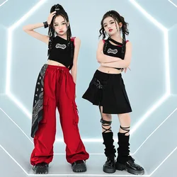 Girls Outfit Summer Chidren Hip Hop Outfit Cotton Black Short Sleeve Crop Top T-Shirt Red Polyester Pants 2 Piece Streetwear Set