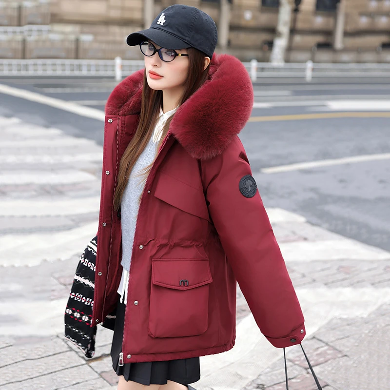 Nowe damskie parki europejsko-amerykańskie, zimowe kurtki puchowe z bawełnianą wyściółką, długie, luźne, grube, ciepłe płaszcze robocze, modna odzież wierzchnia.