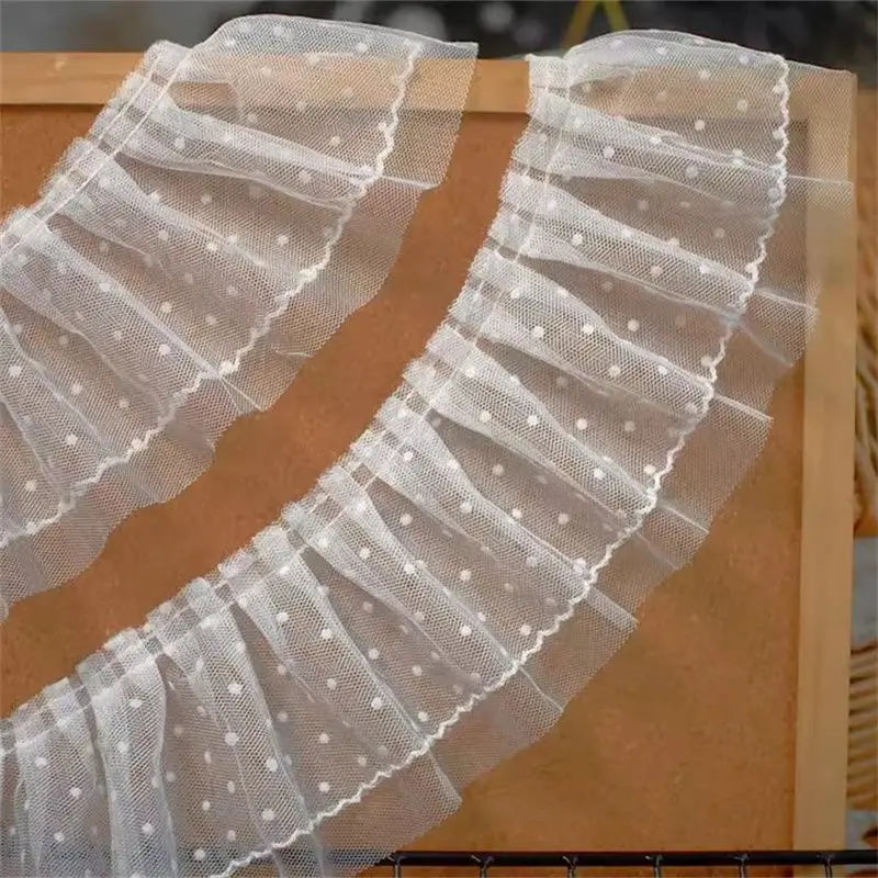 

10CM wide black and white double pleated polka dot mesh lace dress skirt pet lolita DIY decoration