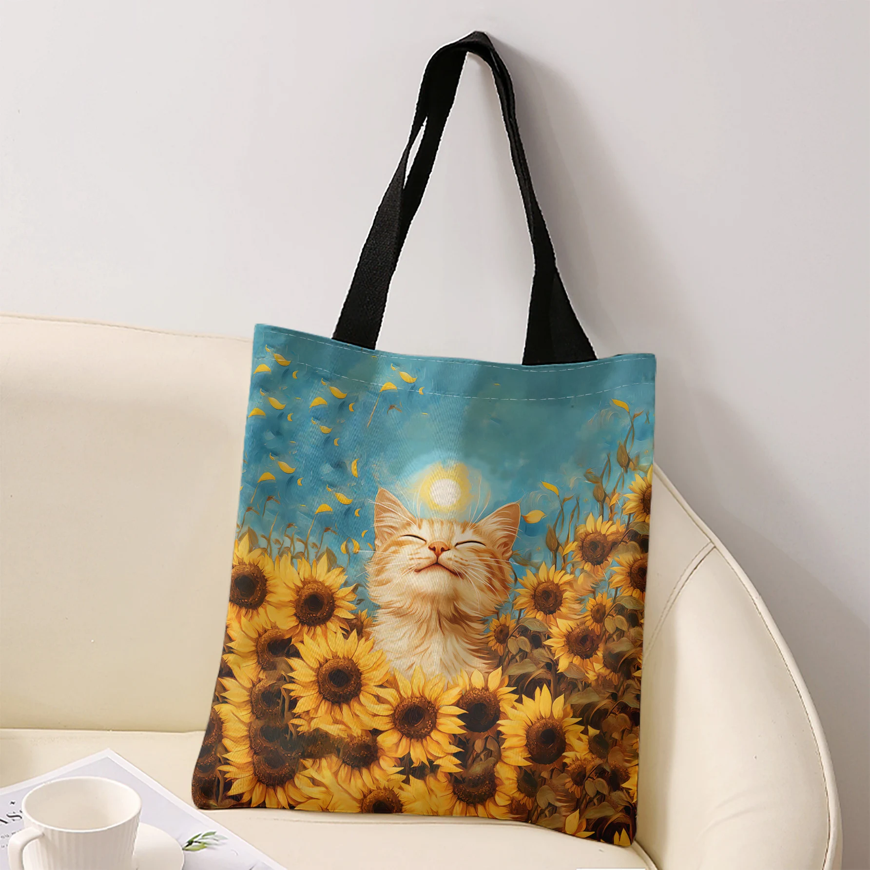 Sunflower Cat Print Tote Bag Large Capacity Shoulder Bag For Shopping Travel Daily Use