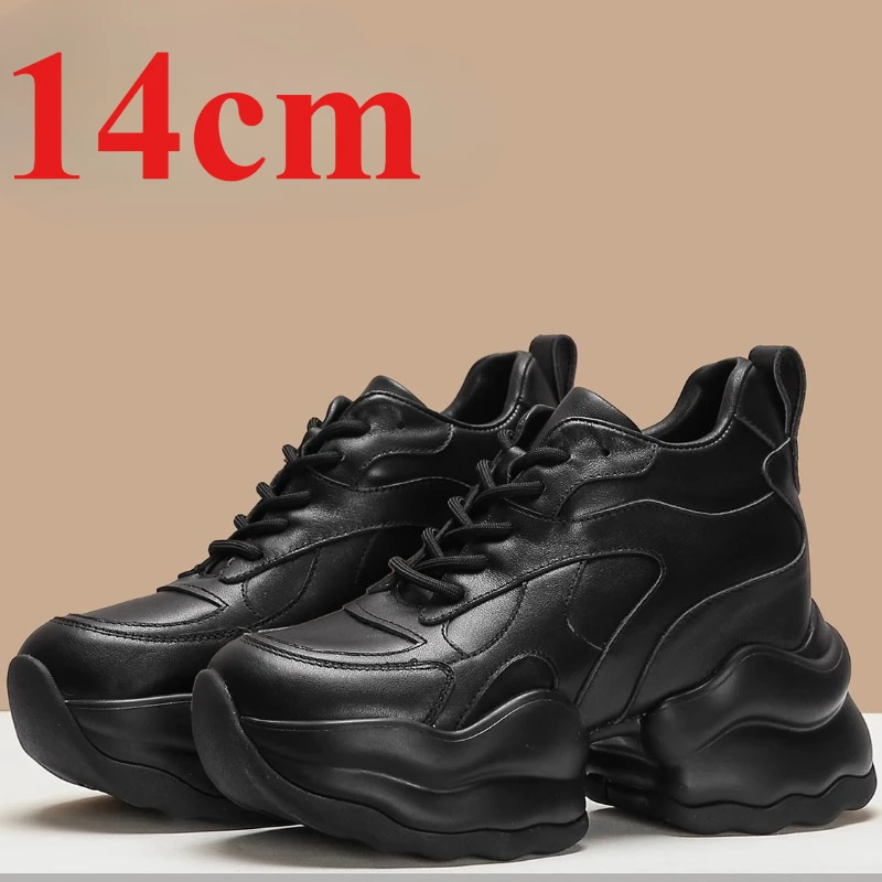 

Женские туфли для папы из натуральной кожи, увеличивающие рост на толстой подошве 14 см, черные модные и удобные туфли на платформе