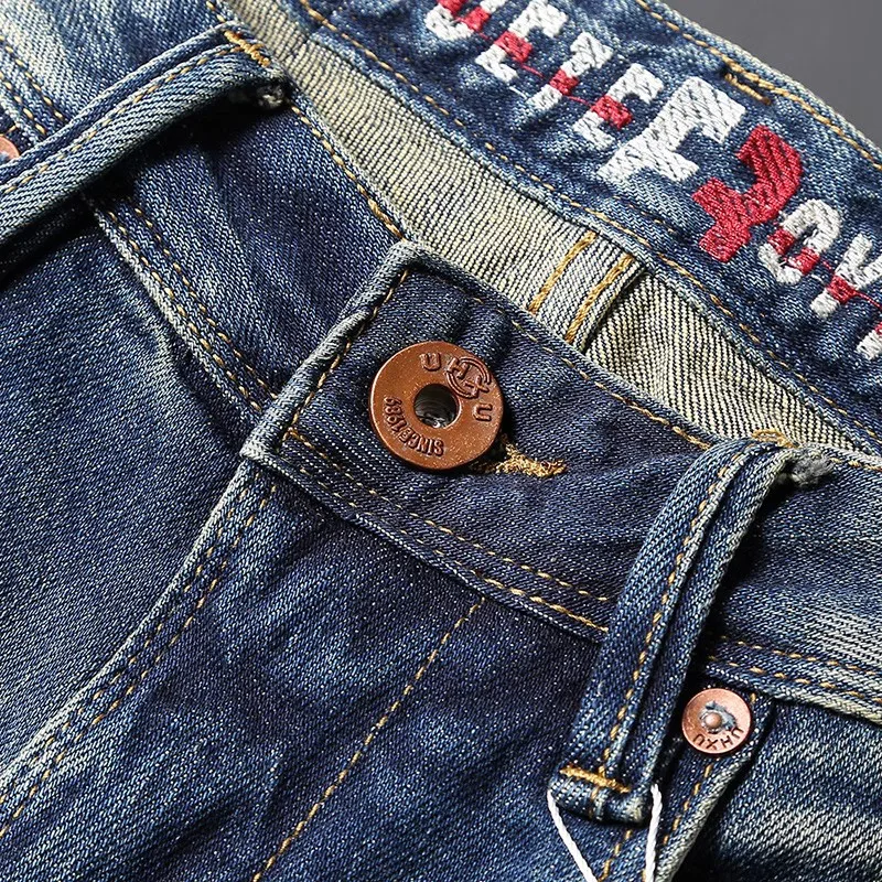 European Trendy Fashion Men Jeans High Quality Retro Blue Elastic Slim Fit Ripped Jeans Men Vintage Designer Denim Pants Hombre