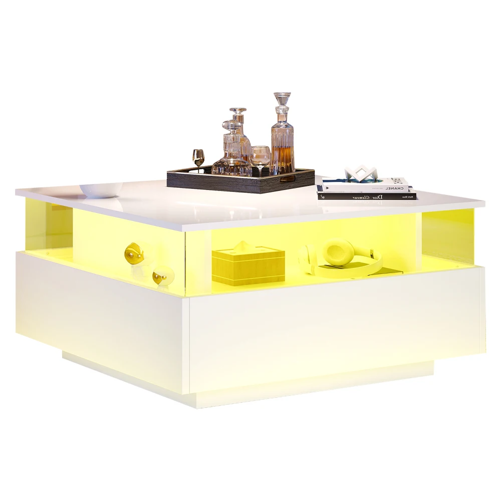 70 x 70 x 41 cm großer moderner Hochglanz-LED-Couchtisch mit 2 Schubladen und transparentem Präsentationsbereich, belastbar bis zu 30 kg – Detail 34