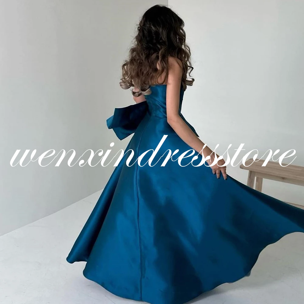 Modern Women Prom Dress Blue Exquisite A-Line Evening Dress O-neck Bow Satin Sleeveless Floor Length Pleats Saudi Arabia