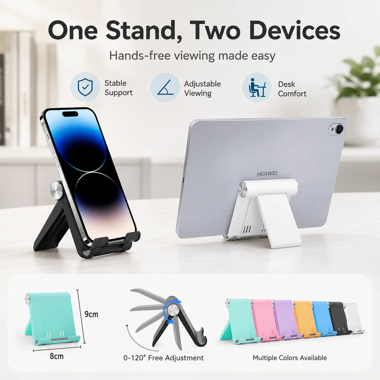 Portable Folding Phone Stand Adjustable Desktop Tablet Holder with Anti Slip Support for Office Bedroom Kitchen and Travel Use