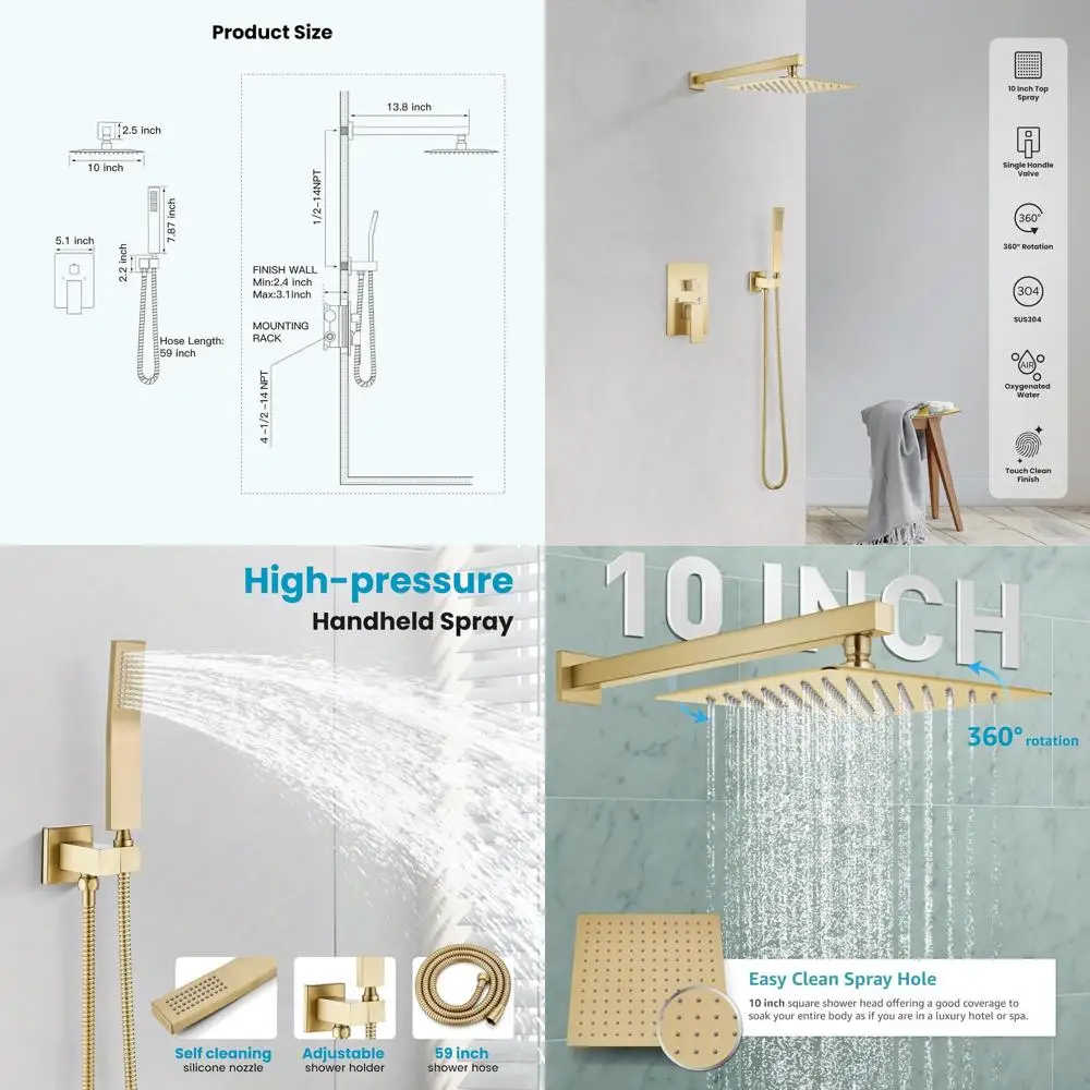 

10-дюймовая настенная душевая система из цельной латуни с тропическим душем и ручным смесителем, отделка матовое золото