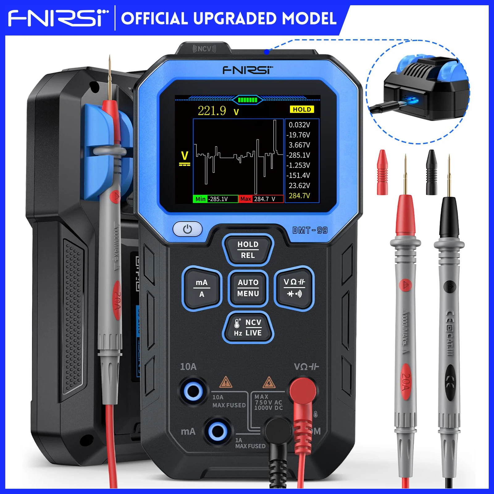 

FNIRSI DMT-99 Digital DMM 9999 Counts Smart Professional Tester 1000V 10A True RMS Auto Range AC DC Ohm Hz Capacitance