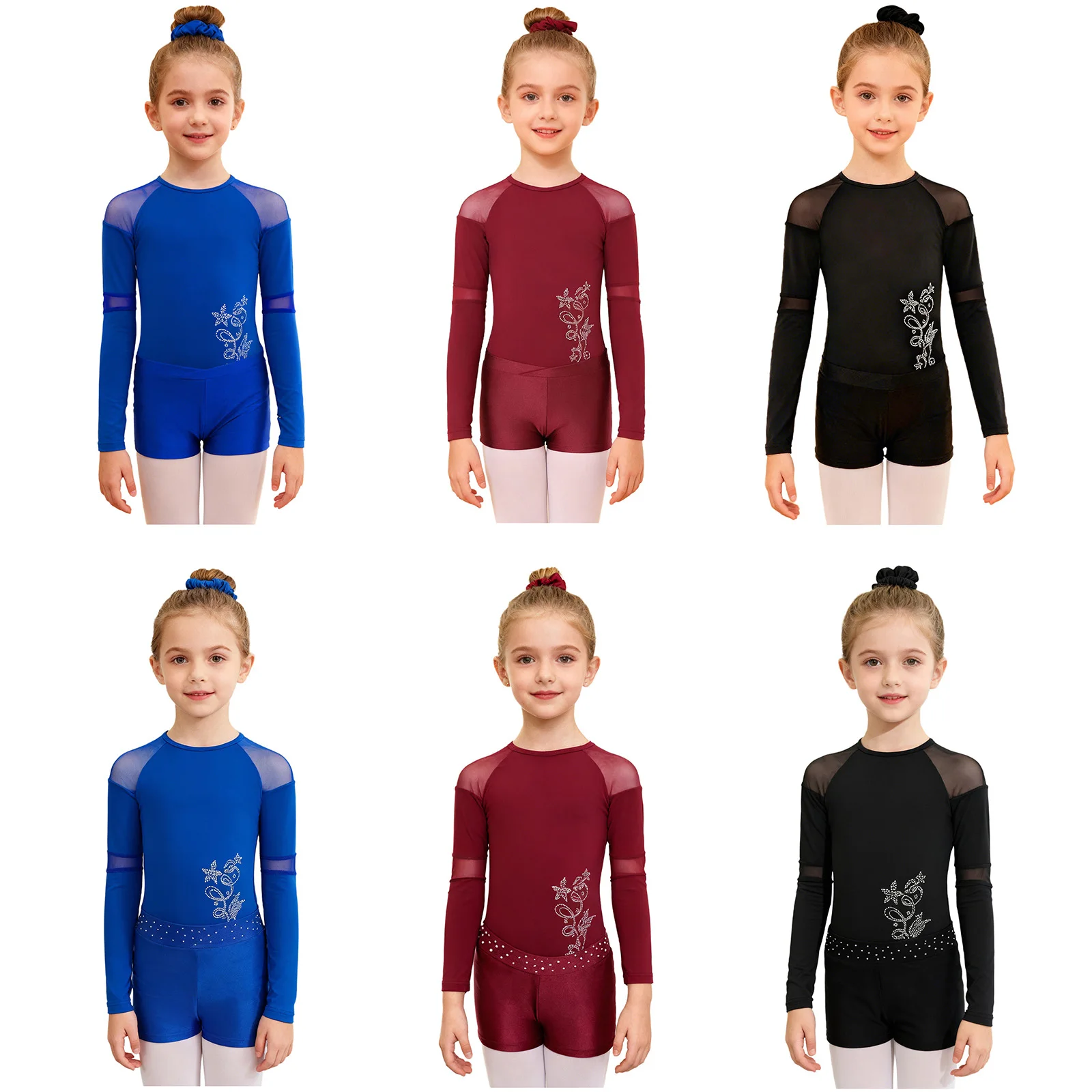

Kids Girls Lyrical Gymnastics Yoga Dance Outfit Long Sleeves Thin Fleece Lined Rhinestone Flower Leotard+Shorts+Hair Band Set