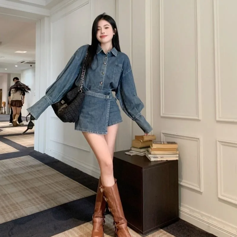 Denim Suit Female 2024 Retro Sense New Coat High Waist Irregularity Look Slimmer Skirt Two-piece Culottes Minority Hottie