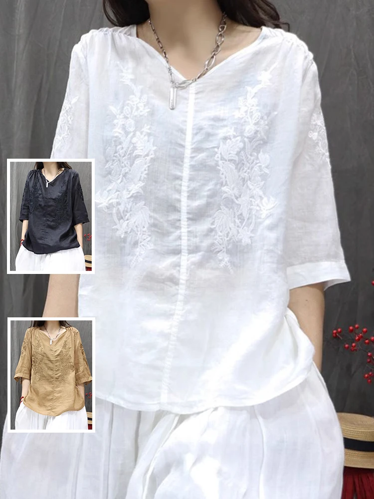 

Художественная однотонная легкая футболка с вышивкой, женская футболка большого размера Five-Quarter Sve V-Ne, асимметричная, повседневная, универсальная...