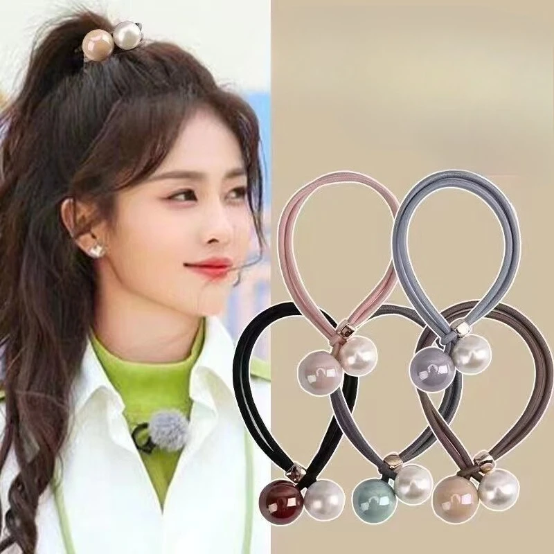 2pcs Girls Hair Scrunchies Pearl Elastic Hairbands Simple Double Layer Hair Ties Rubber Bands Ponytail Holders Hair Accessories