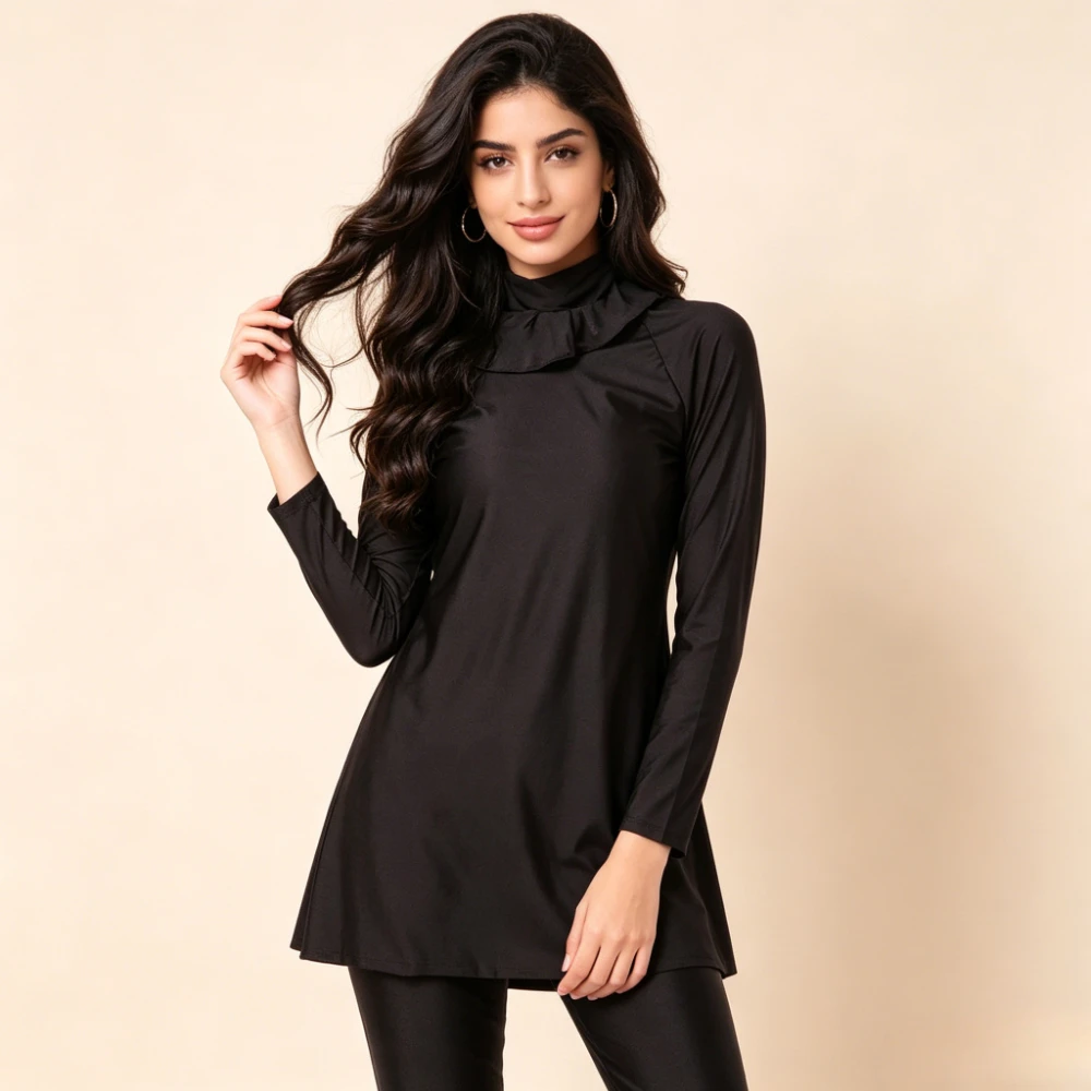 Women 3PCS Plain Burkini Swimwear Ruffled Collar Long Sleeve A-Line Tunic Top Full Length Pants with Hijab Muslim Bathing Suit