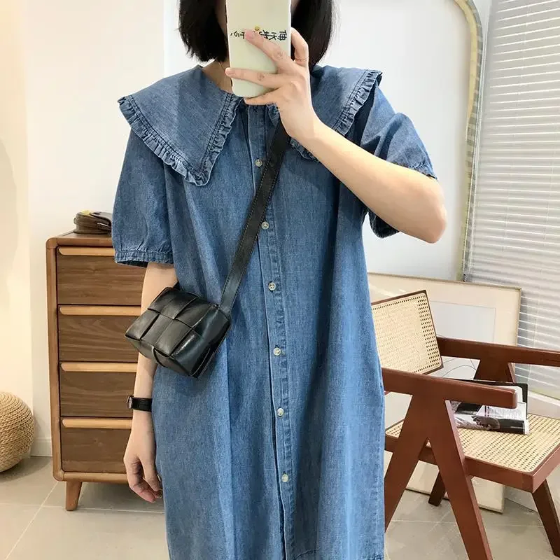 Gaun Denim kerah boneka musim panas dan semi gaya Korea gaun Midi lucu longgar lengan pendek E406