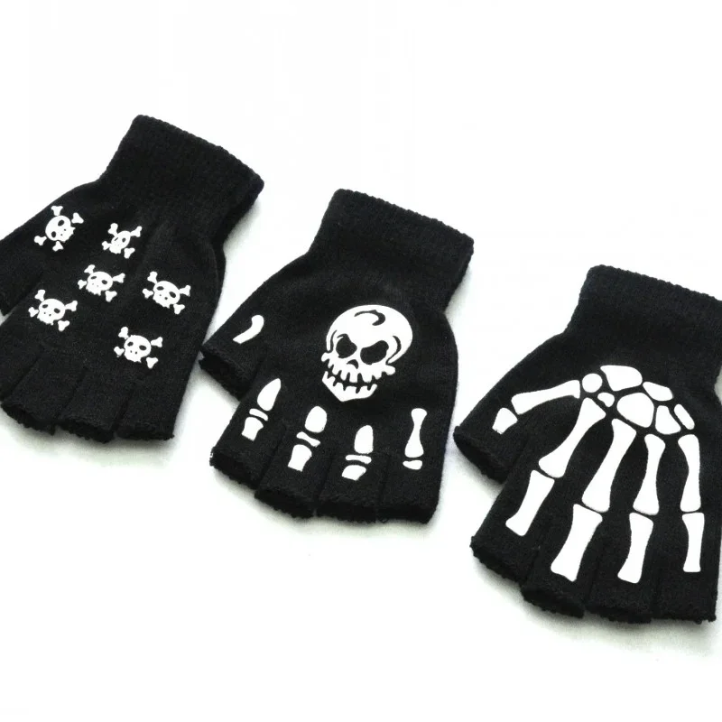 Adult Halloween Skeleton Skull Half Finger Gloves Glow In The Dark Fingerless Stretch Knitted Winter Mittens Cycling