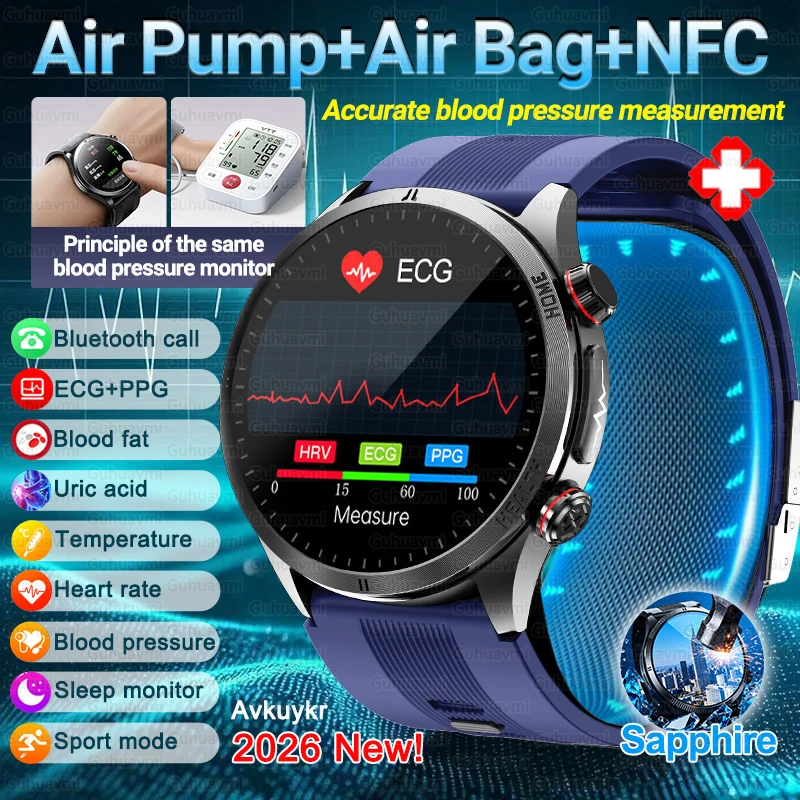 

2026 New Health Nursing Accurate Measure Blood Pressure Smart Watch With Air Pump Airbag Blood Fats Uric Acid NFC Smartwatch Men