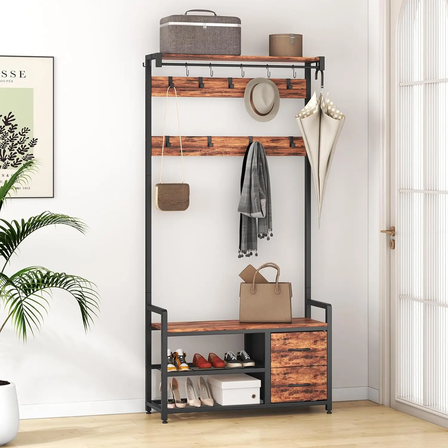 

Coat Rack, Entryway Hall Tree With Shoe Bench With Shelves, Hooks And 2 Fabric Drawers, Freestanding Coat Rack For Living Room