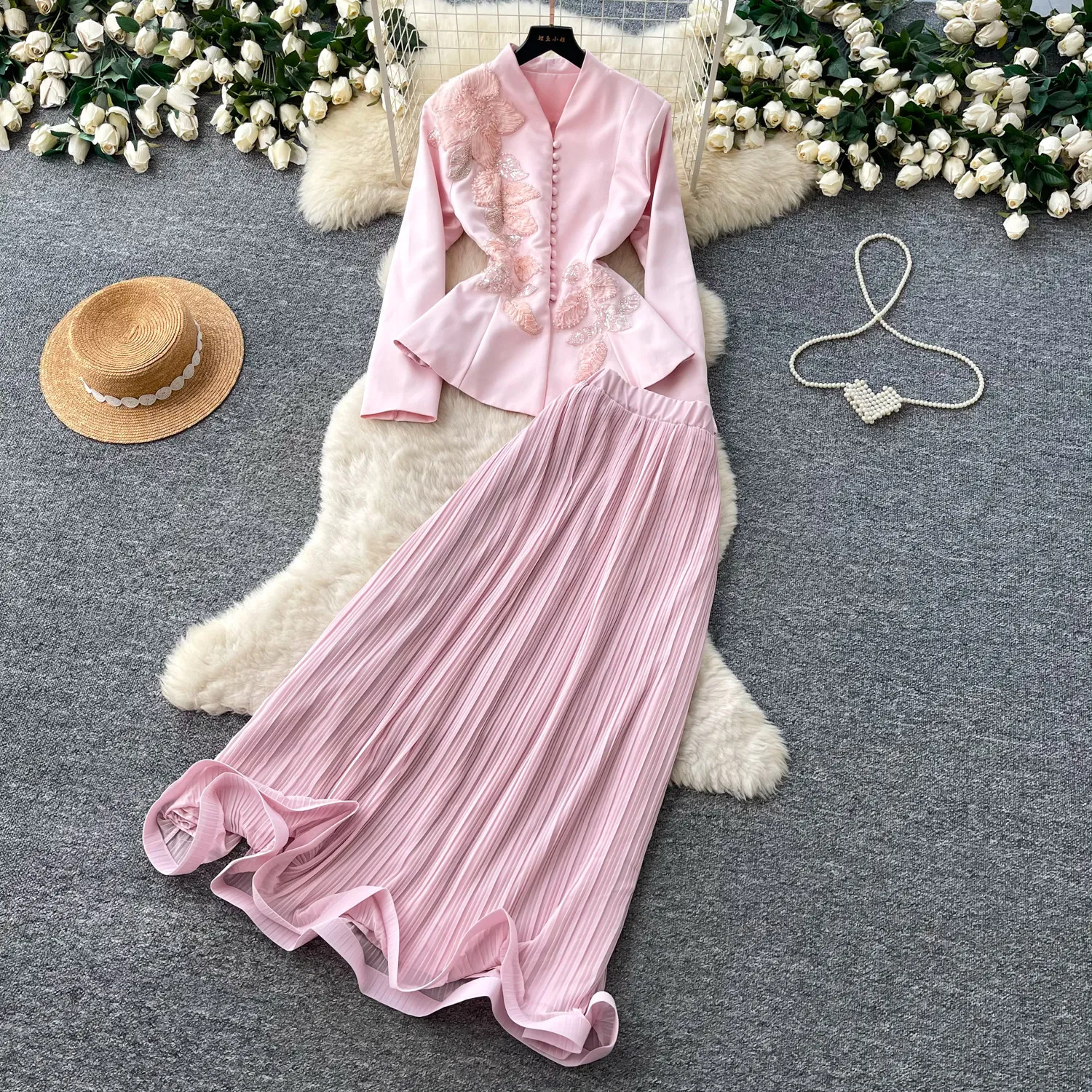 Women Two Piece Sets Skirt Set V Neck Full Sleeve Tops Long Skirts A Line High Waist Y2k Streetwear Elegant Work Pleated Party image 3