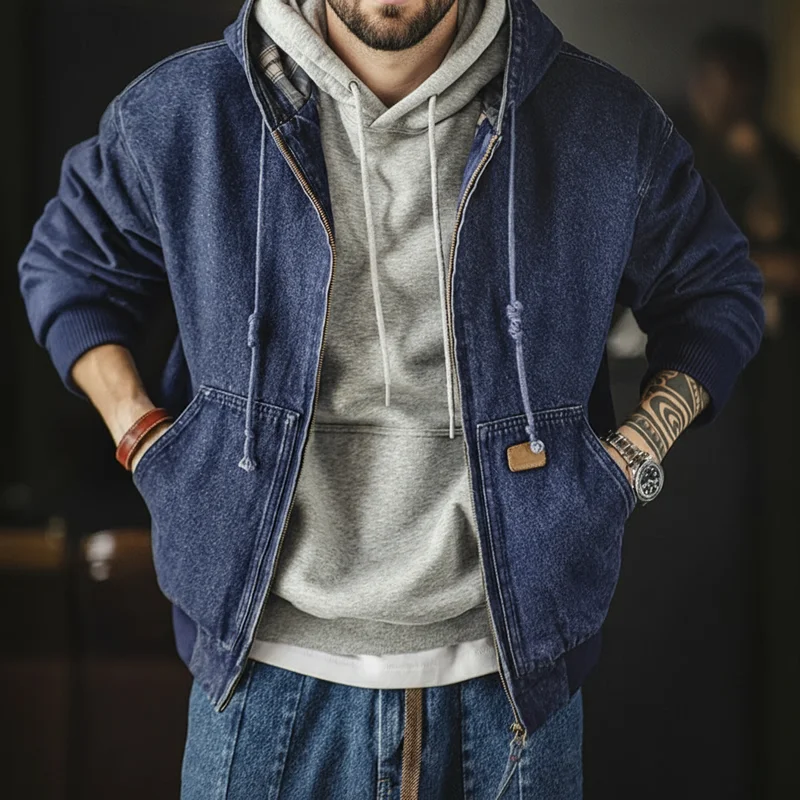 

Мужская джинсовая куртка Maden Retro J130 10,5 унций, тяжелая потертая куртка с капюшоном, рабочее пальто на молнии с большими карманами на осень